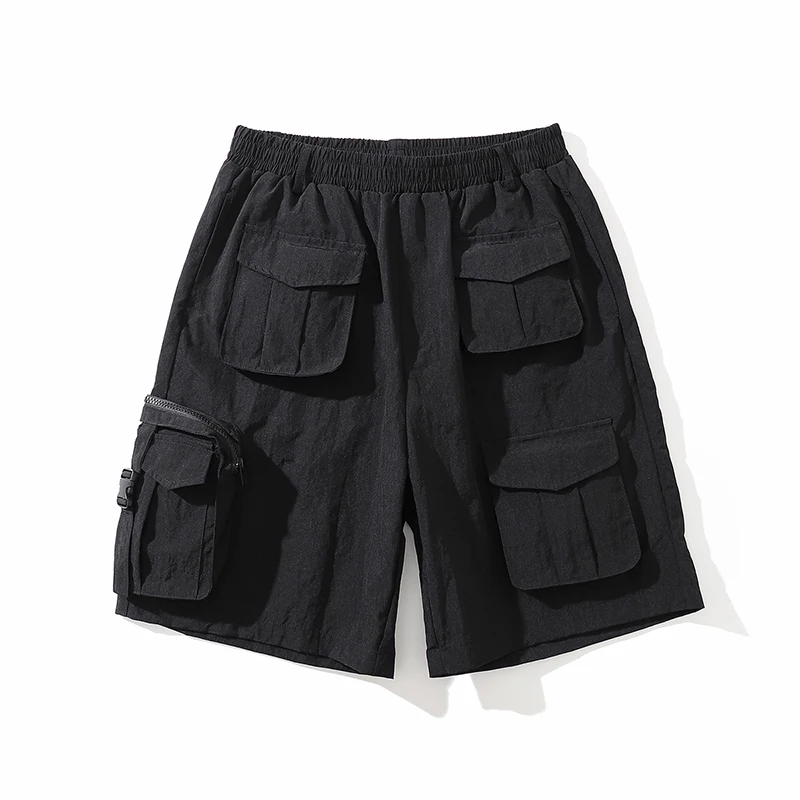 

Multi-pockets Solid Color Elastic Waist Summer Mens Shorts Retro High Street Wide Leg Black Casual Five Point Pants
