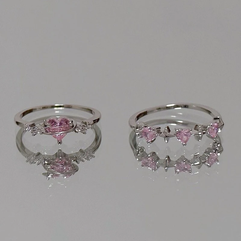 

Y2K Style Sparkling Pink Zircon Bride Rings for Women Couples Korean Trendy Heart Star Geometric Wedding Party Jewelry