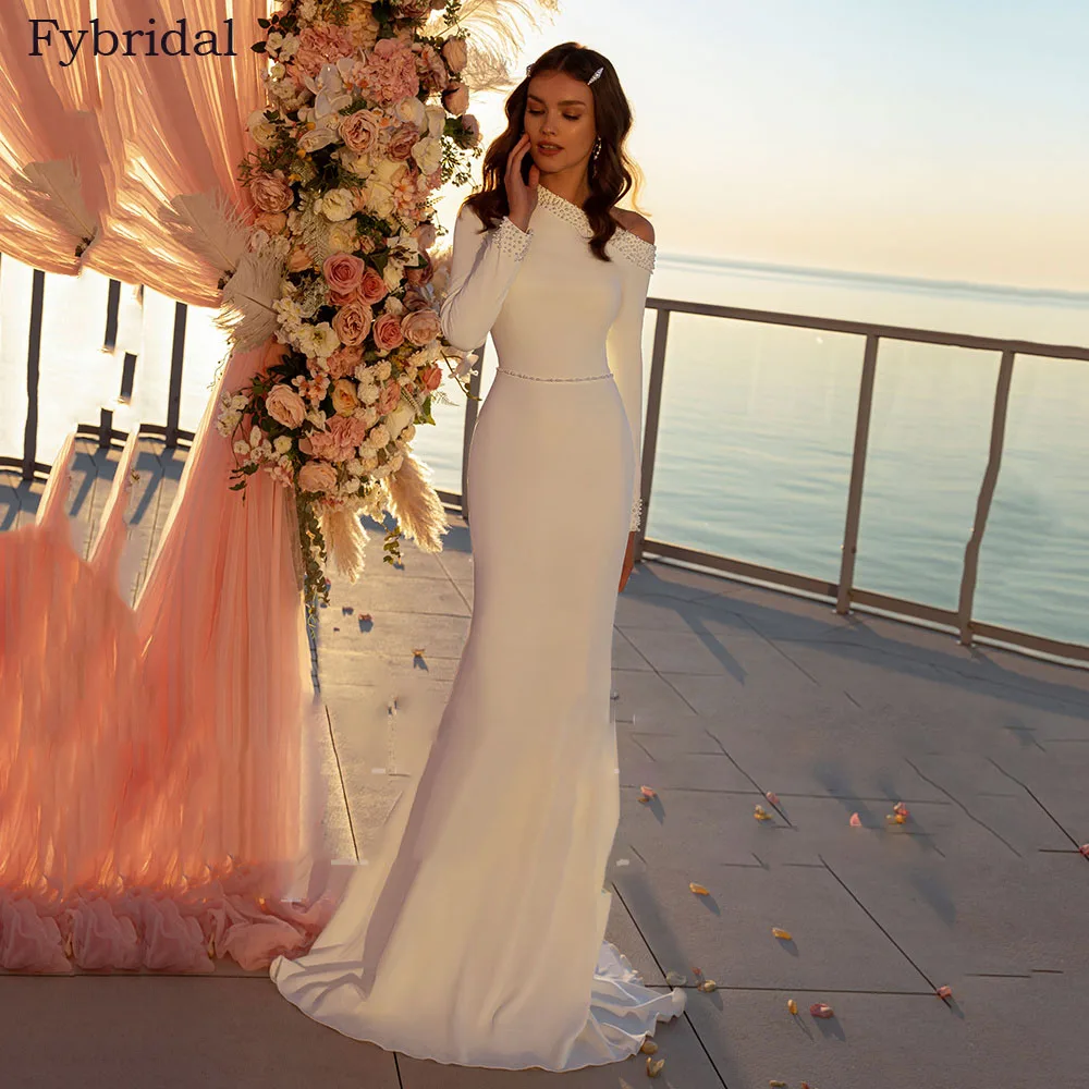 

Elegant Mermaid Wedding Dress Long Sleeve One Shoulder Beading Pearls Sweep Train Simple Bride Dress RObe De Mariee Customize