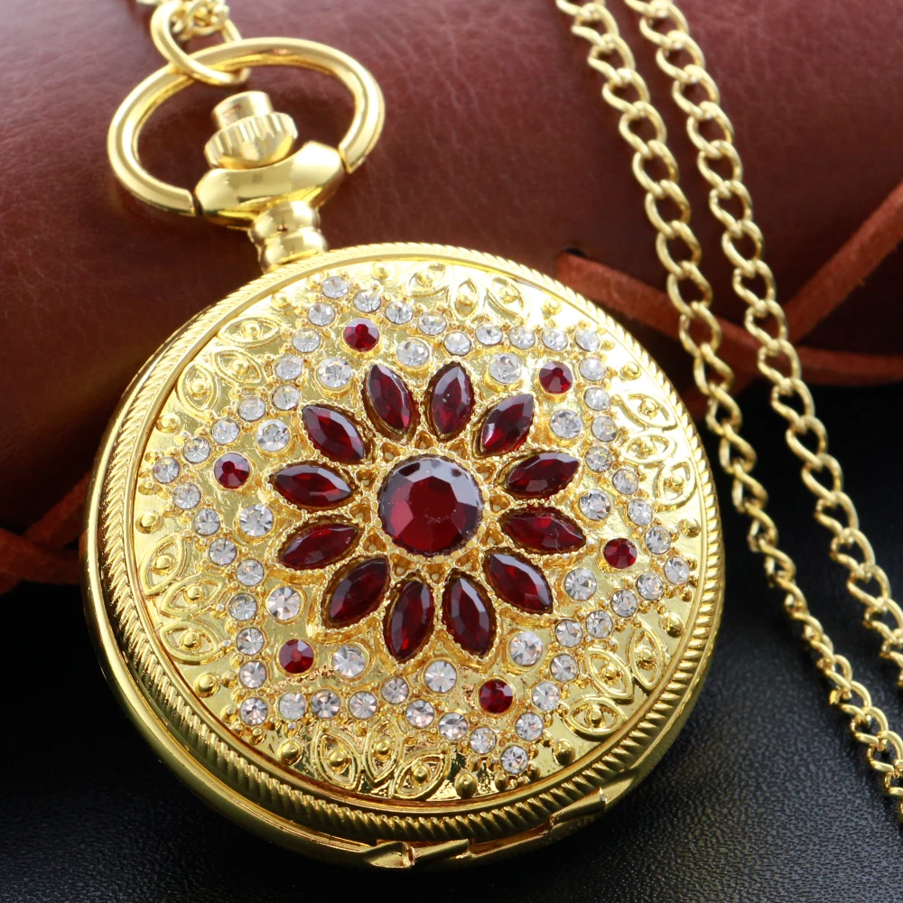 New Gold Luxury Ruby Pocket Watch Collana Digital Pendant Chain Clock Fashion Sculpture Regalo Da Uomo Da Donna