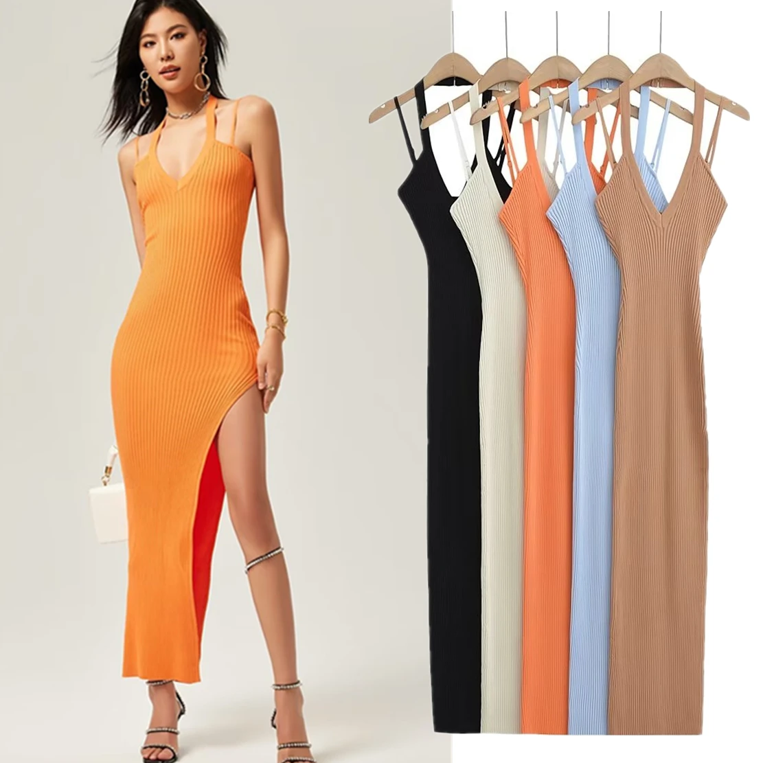

Elmsk French Fashion Solid Color Elegant Slit Slim Party Dress Sexy Halter Neck Sling Knitted Dress Women