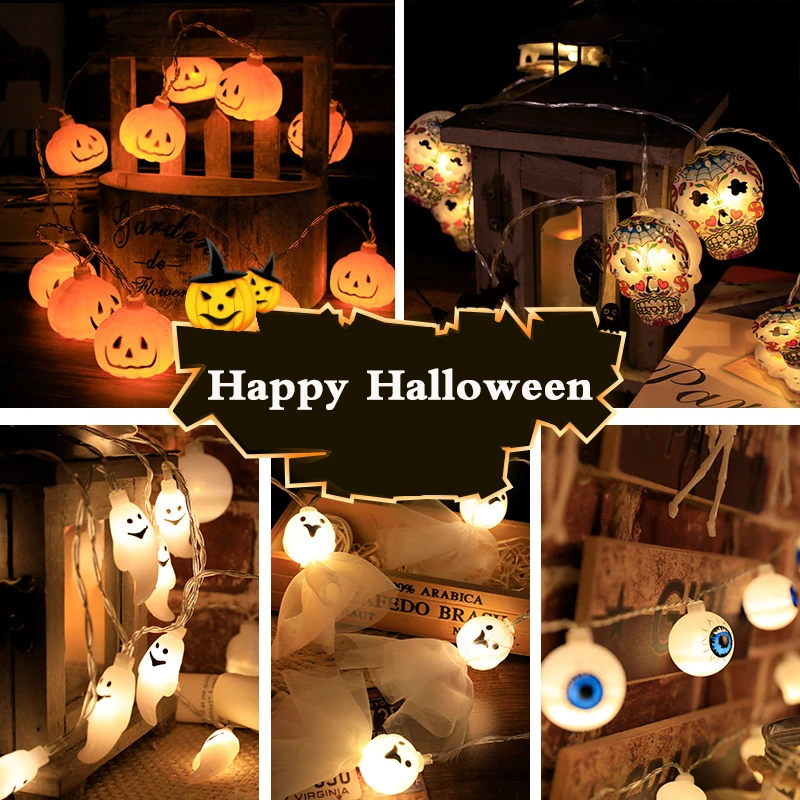 

Светодиодная гирлянда на Хэллоуин, гирлянда в виде черепа, тыквы, летучей мыши, ведьмы, праздничная вечевечерние, декоративное освещение