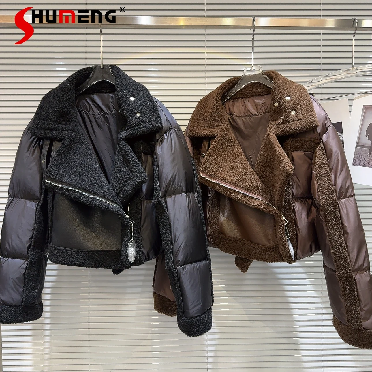 

Fashion 2023 Winter New Fried Street Leather Patchwork Design Warm Feminine Down Jacket Women's Solid Color Long Sleeve Coats