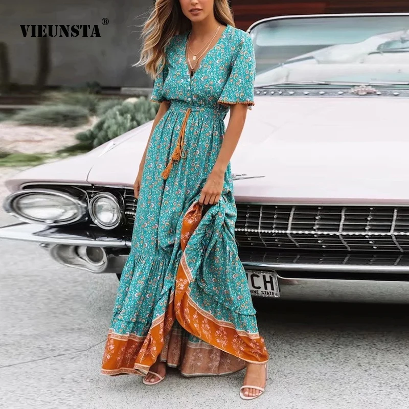 

Bohemian Women's Fashion Print Medium Long Short Sleeve Dress 2023 Summer Sexy V-Neck Slim Beach Holiday Lace up Ruffle Dresses