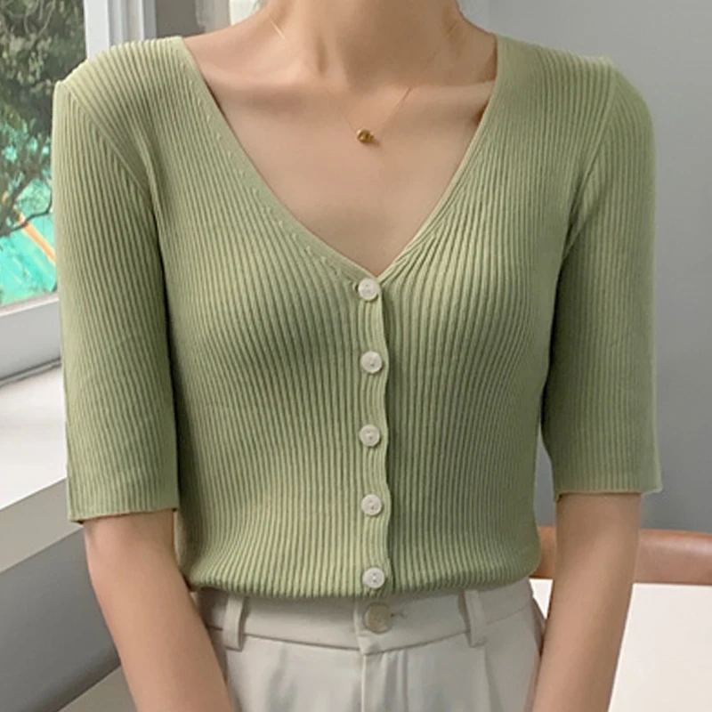 

Korean Version Of Knitted Thin Section Women'S Summer New V-Neck Solid Color Slim Temperament All-Match Short-Sleeved T-Shirt