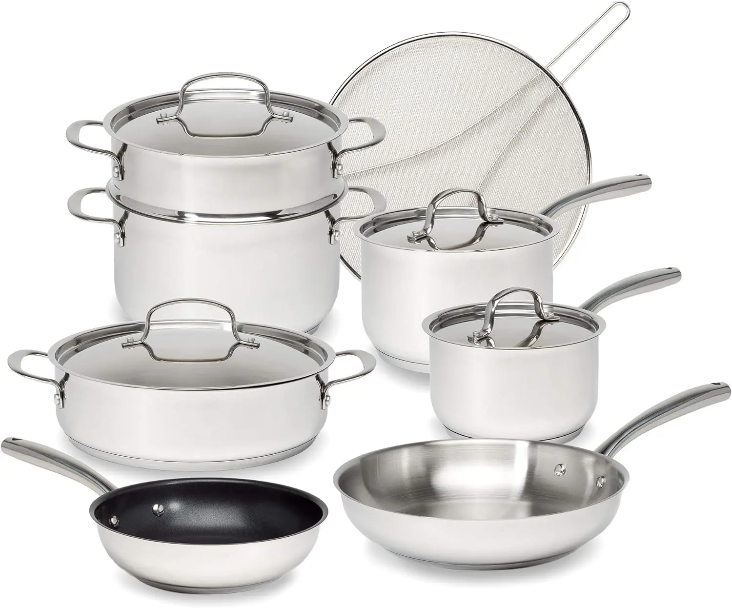 

Classic Stainless Steel Cookware Set with Tri-Ply Base for Even Heating, Durable, Bonded Pots and Pans, Dishwasher Safe Include