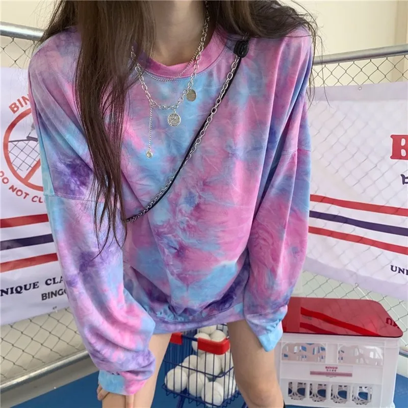 

Indie Tie-dye Print O Neck T Shirts Women Spring Autumn Y2k Fashion Long Sleeve Loose Tops 2021 Large Casual Tees Vintage