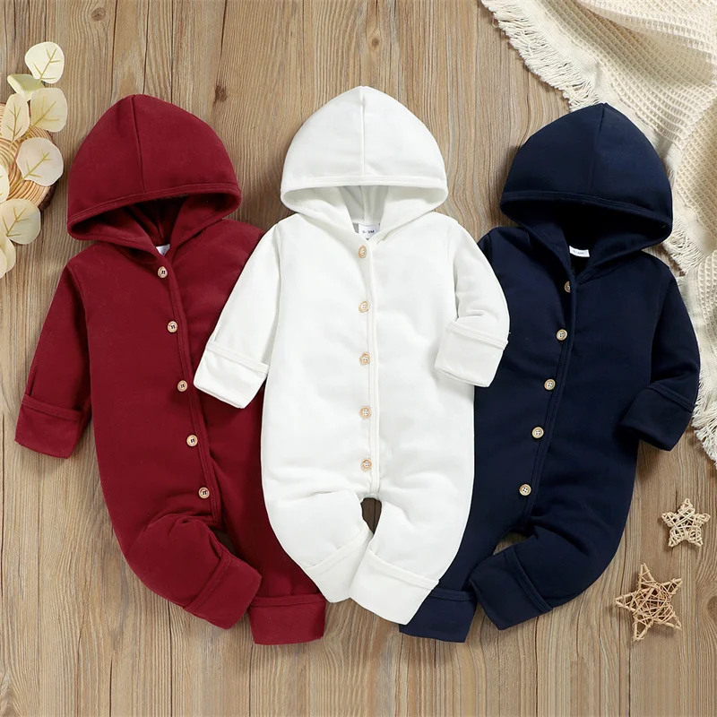 

Повседневные Простые толстовки, комбинезон для новорожденных, однотонные Комбинезоны на пуговицах с длинным рукавом, осенне-зимняя одежда ...