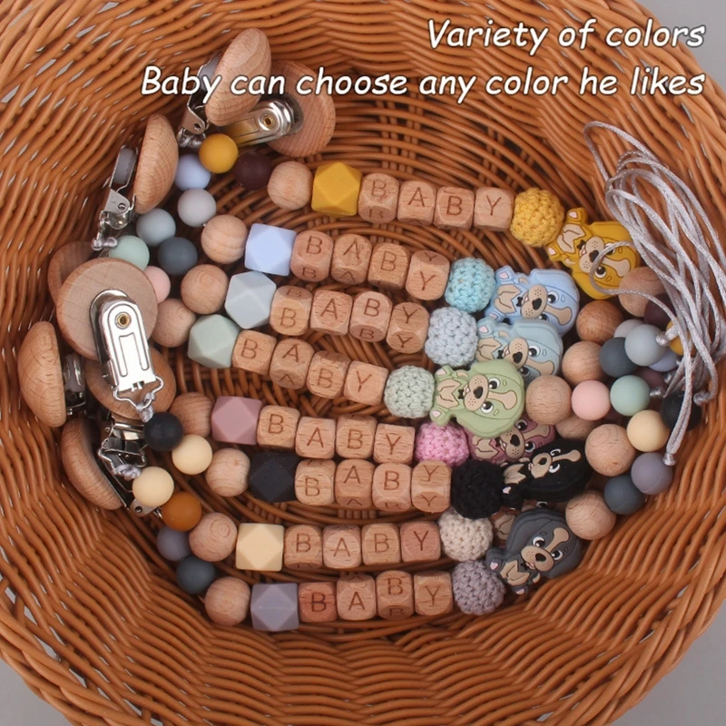 

Wooden Beads Pacifier Holder with Clip Wooden Teething Toys Modern Unisex Baby