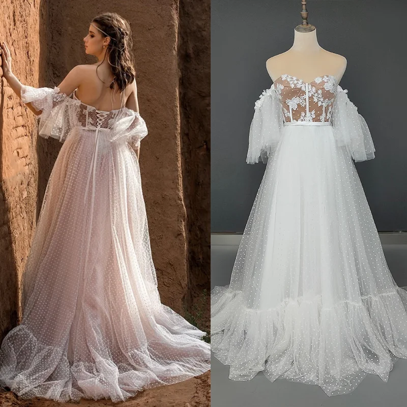10852#Strapless Flutter Sleeves Sweetheart Elegant Dotted Mesh Lace Wedding Dresses Robe de Mariee Backless Pleated Bridal Gown