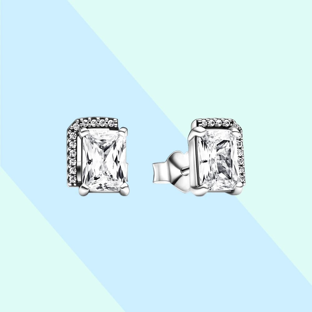 

New Hot 925 Sterling Silver Rectangular Brilliant Halo Stud Earrings Fit for Pandora Wedding Party Engagement Women Jewelry Gift