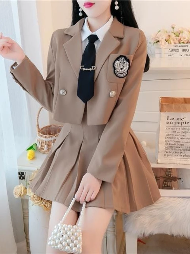 

JK Blazer Skirt Set Women Short Suit Jacket Pleated Skirt 2022 Spring Autumn Professional Wear Elegant Goddess 2 pieces Sets