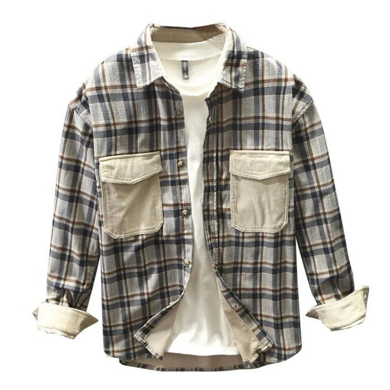 Corduroy Shirt Casual Full Sleeve Thick Patch Pocket Design Button Up Men's Casual Plaid Panel Shirt