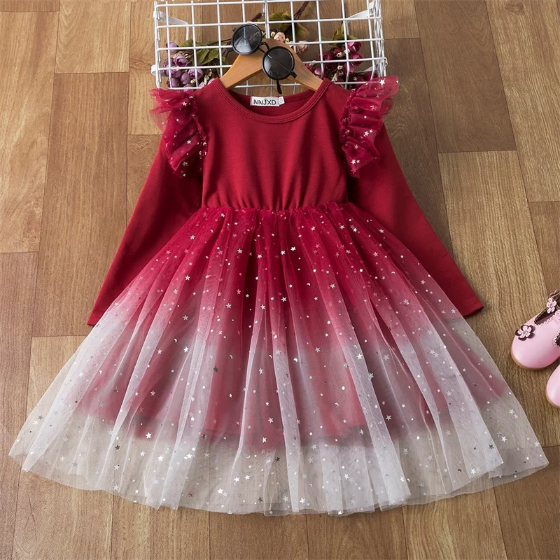 

Christmas Dress For Girls Winter Long Sleeve Lace Princess Dress Children New Year Party Red Clothing Wedding Birthday Ball Gown
