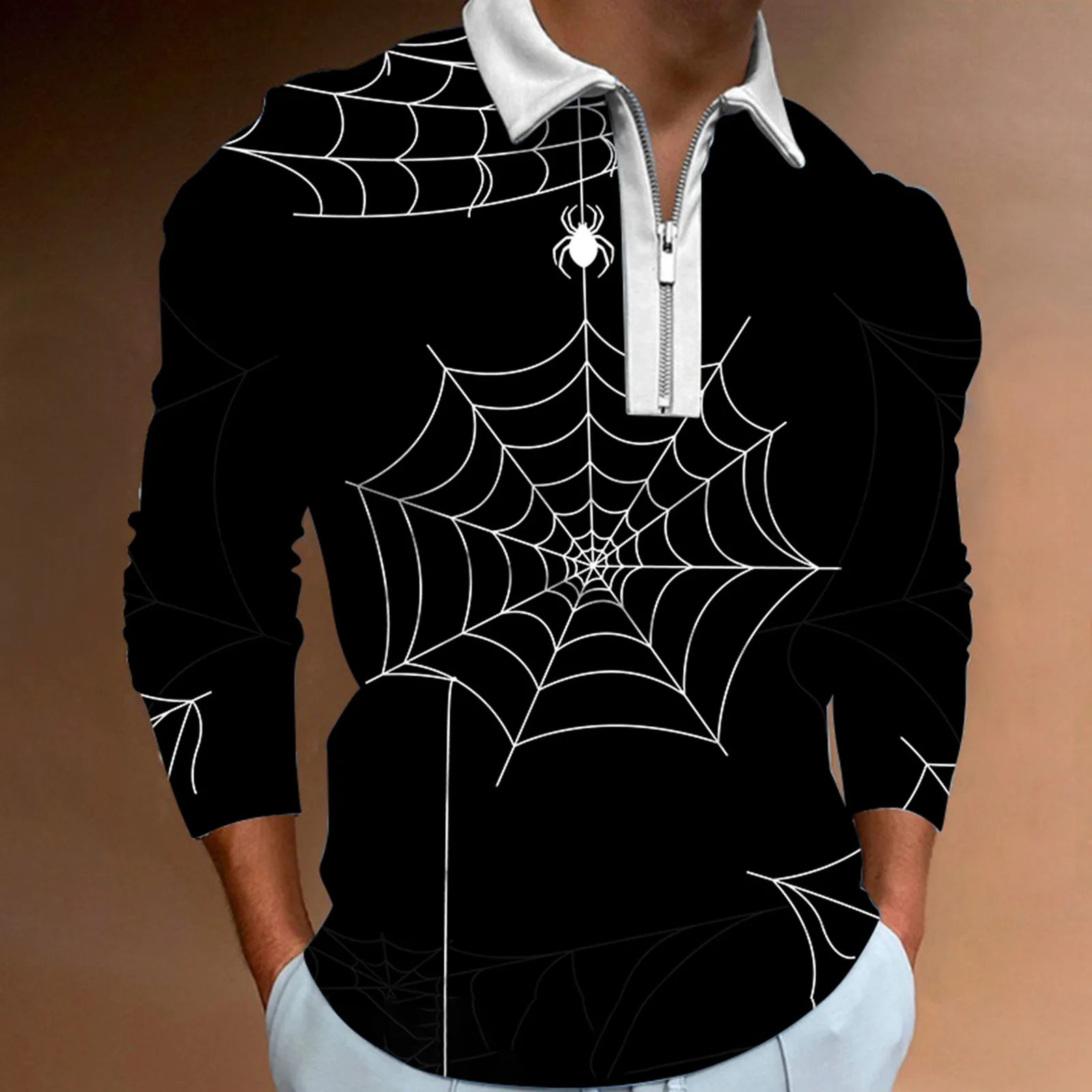 

Mens Halloween Long Sleeve Shirt Casual Slim Fit Lapel Party Zipper Shirts Bat Pattern Print Tops Man Shirts