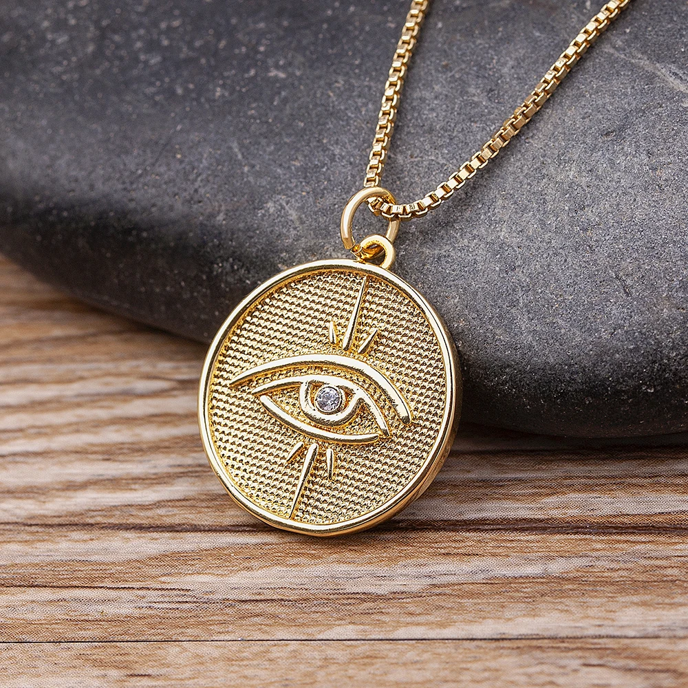 

AIBEF Classic Copper Zircon Round iInlaid Bohemian Evil Eye Pendant Gold Plated Necklace Women Charm Jewelry Lucky Birthday Gift