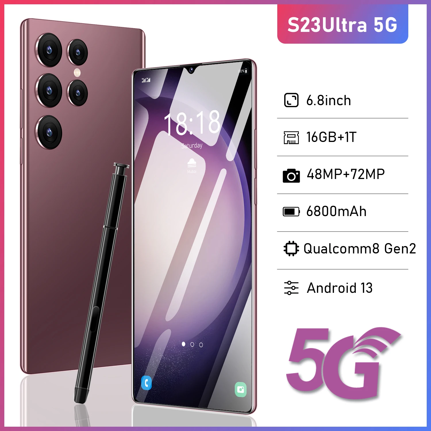 

Смартфон S23 Ultra 6,8 HD Android, разблокированные мобильные телефоны 4G/5G с двумя Sim-картами, 6800 мАч, 48 Мп + 72 МП, сотовые телефоны 16 ГБ + 1 ТБ, сотовые теле...