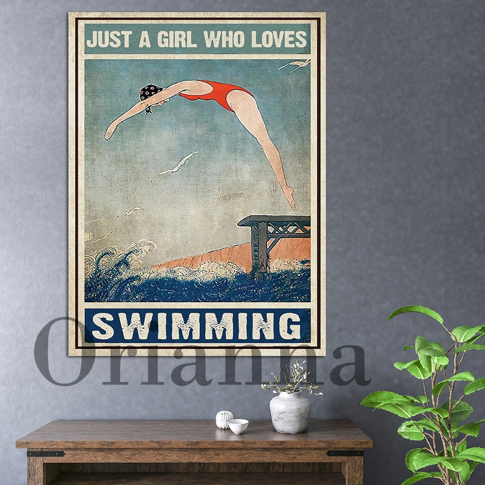 

Hd печать домашний декор просто девушка, которая любит плавать плакат, подарок для любителей океана, ретро холст живопись современные модуль...