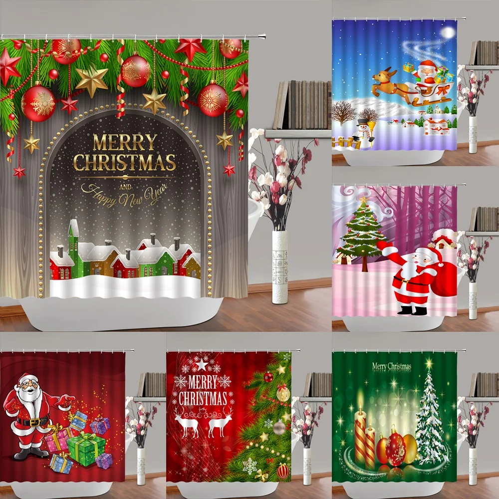 

Christmas Santa Claus Snowman Deer Shower Curtains Waterproof Polyester Frabic Cartoon Xmas Tree Bell Bathroom Curtain 180X180cm