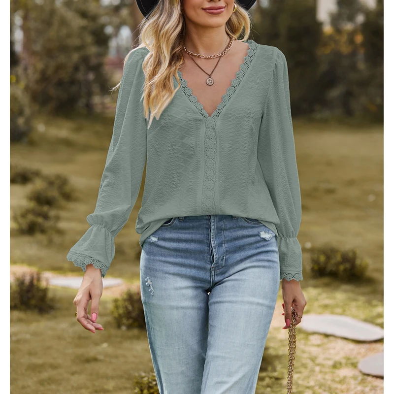 Женская футболка с кружевом V-образным вырезом и длинным рукавом