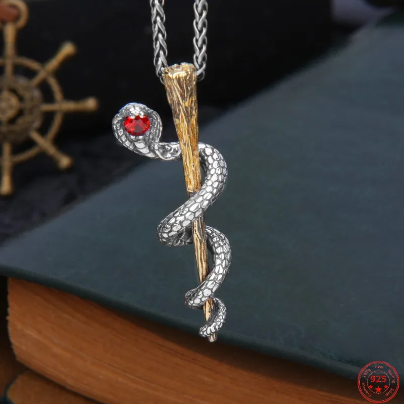 

S925 Sterling Silver Pendants for Men Women 2023 New Men's Fashion Cobra Wand Snake Red Corundum Pure Argentum Amulet Jewelry