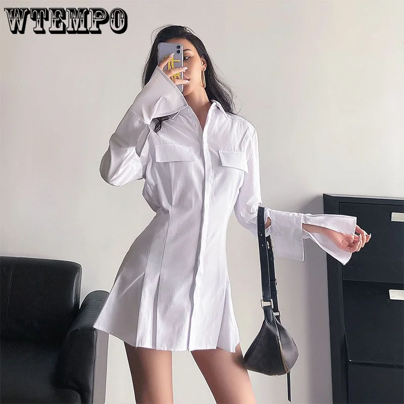 

Mini Dresses Women Autumn Long Sleeve New Black A-line Classy Gothic Sexy Temperament Fashion Lapel Female Streetwear All-match