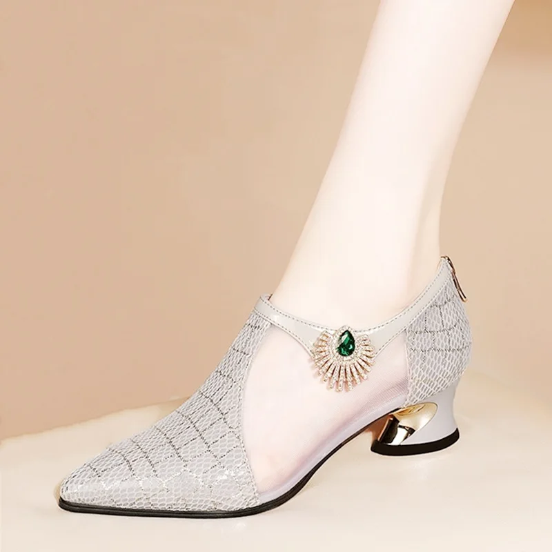 

Size 34-40 2022 New Arrival Green Rhinestone Design Mesh + Microfiber Summer Fashion Club Party Women Heels Shoes High Heels