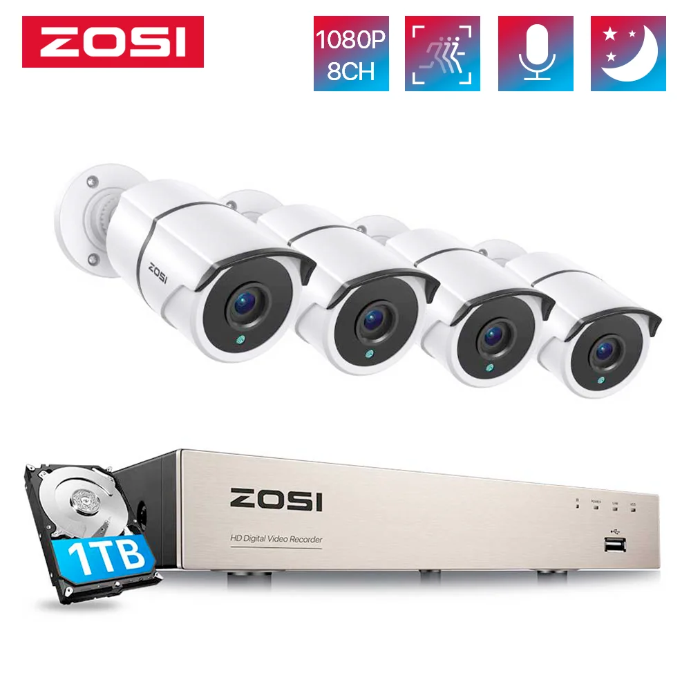 

Система камер домашней безопасности ZOSI 1080P с аудио, H.265 + 8CH 5MP Lite CCTV DVR и 4 шт. 2MP HD IP67 уличные Камеры видеонаблюдения