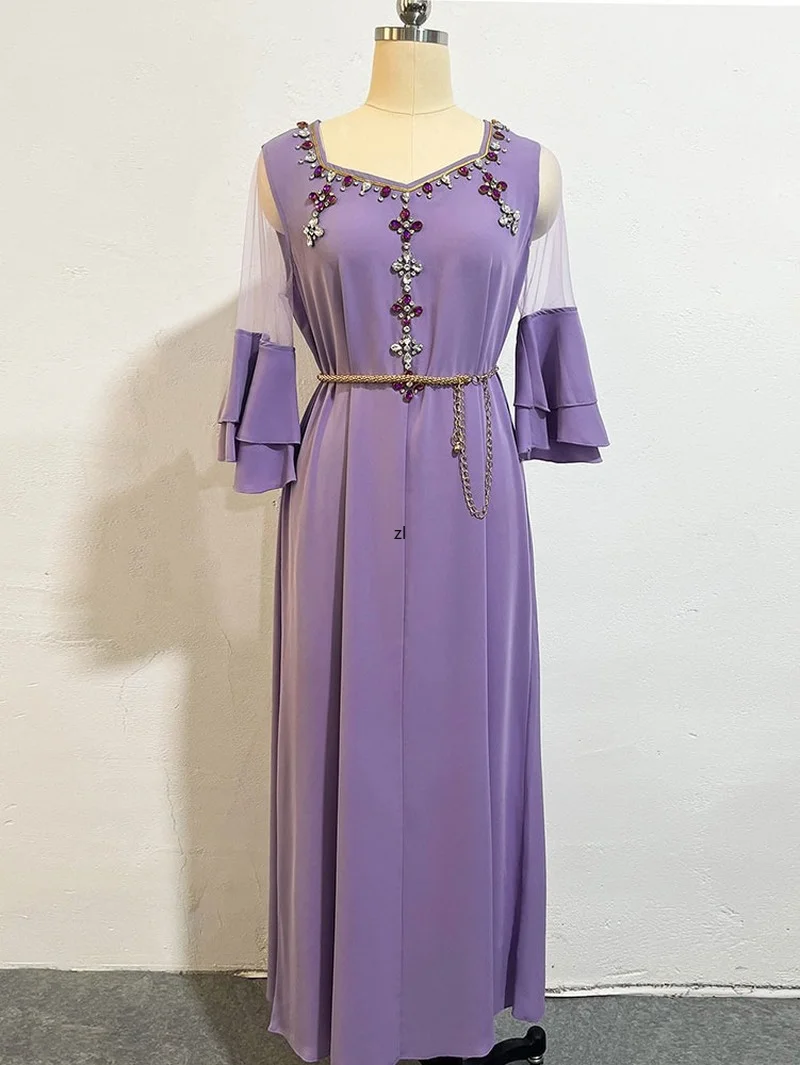 Tulle Sleeve Abaya Long Dress Women Handsewn Rhinestones Moroccan Party Kaftan Muslim Dubai Evening Abayas with Metallic Belt