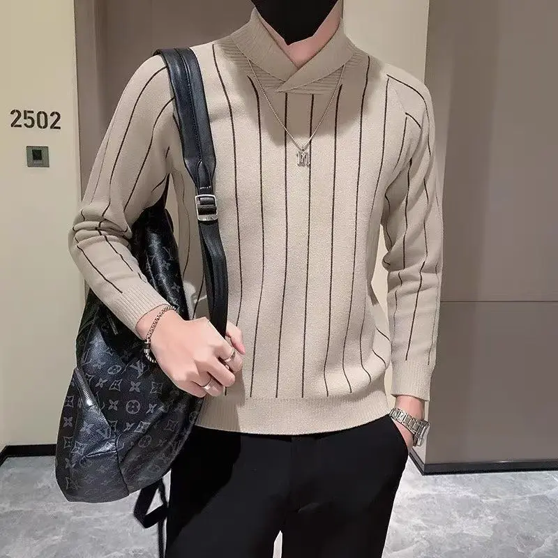 

Clothing Half Casusl Top Striped Winter Wool Men Collar Jumpers New Warm Fashion Knited High Pullovers Korean 2022 Sweaters