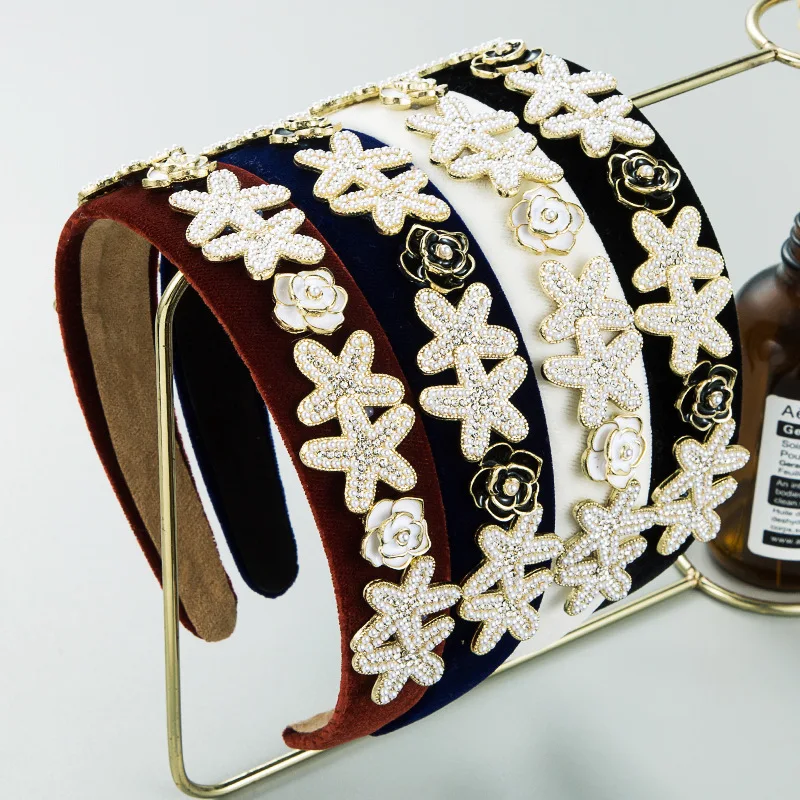 

2022 New Pearl Starfish Headband Women Velvet Hair Band Solid Wide Hairband Retro Rhinestone Hair Accessories