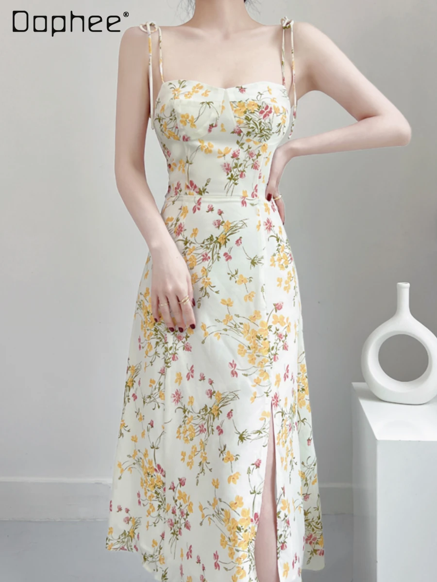 French Floral Midi Sling Dress Elegant Summer 2022 New Simple Sexy Slit Sleeveless Waist Slimming A- Line Slip Dress for Women