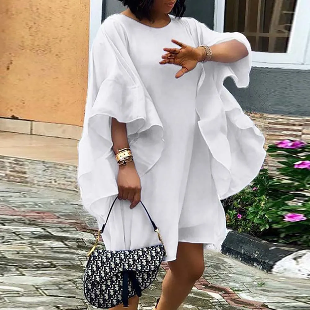 

Fashion African Blouse Ruffle Sleeve Plain Shirt For Women Spring Summer Long Sleeve Tops Female Round Neck Casual Daily Shirt