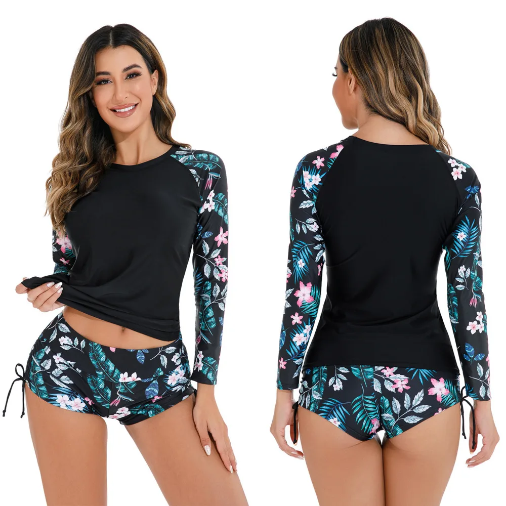 

Women's Bathing Suit Rashgard Black Print Tankini Set Summer Beach Wear Long Sleeve Swimwear Two Piece Fashion Swimsuit 2023 New