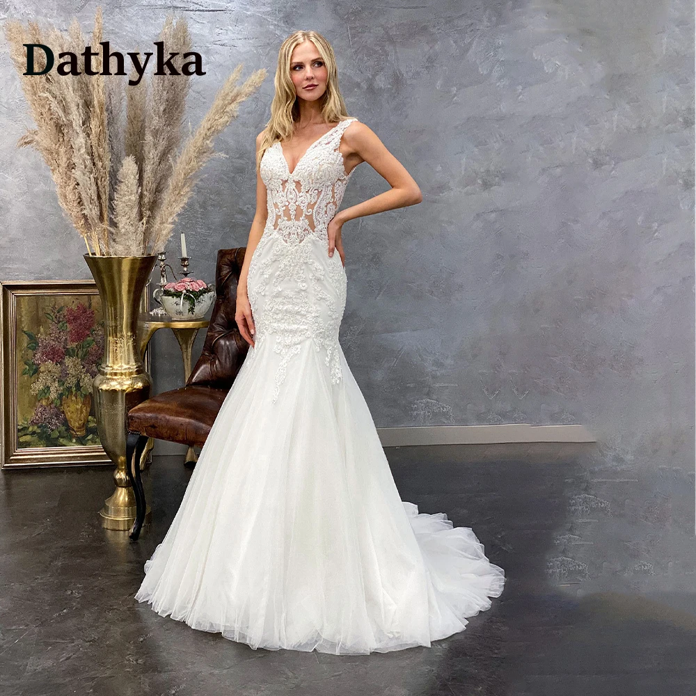 

Dathyka Luxury Backless Wedding Dress For Mariages Illusion Lace Appliques Wedding Gowns For Bride Vestidos De Novia Brautmode