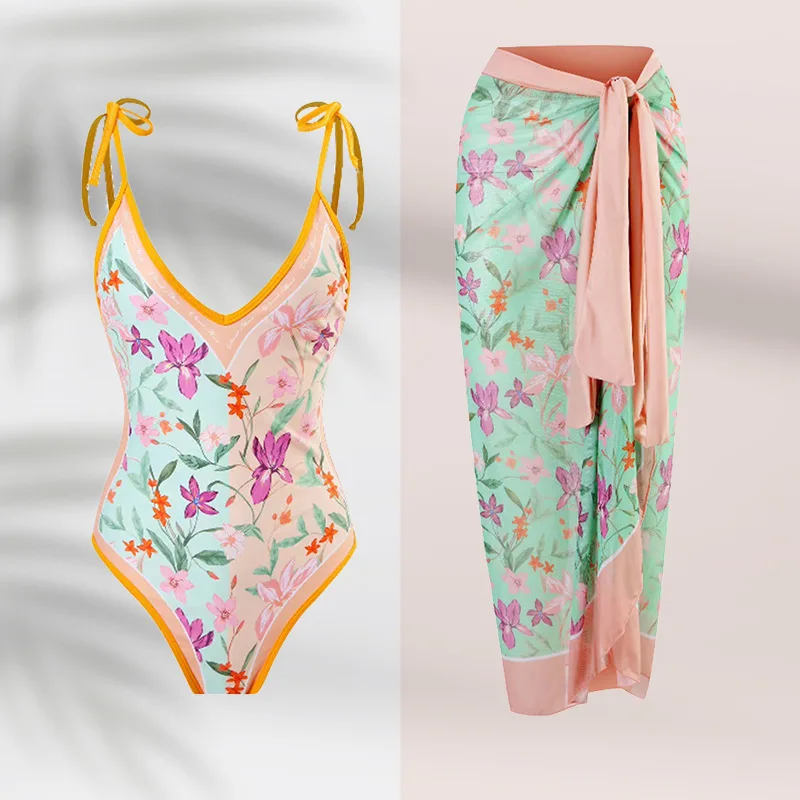 

Ethnic Style Fresh Printing Sexy Women's One Piece Swimwear Dress Two Piece Sunscreen Bikini Swimwear
