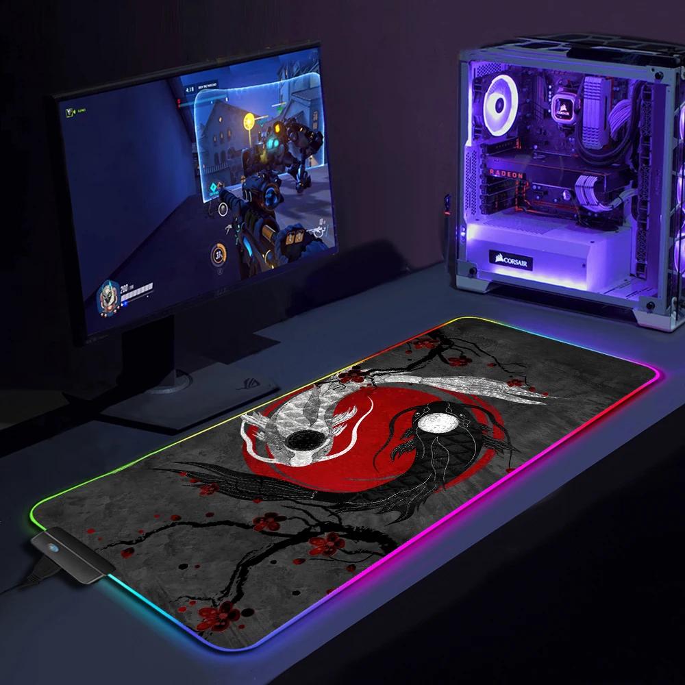 

Настольный коврик в японском стиле RGB, игровой коврик для мыши Yin Yang Koi fish, Настольный коврик в японском стиле аниме, неосветильник светодиодн...