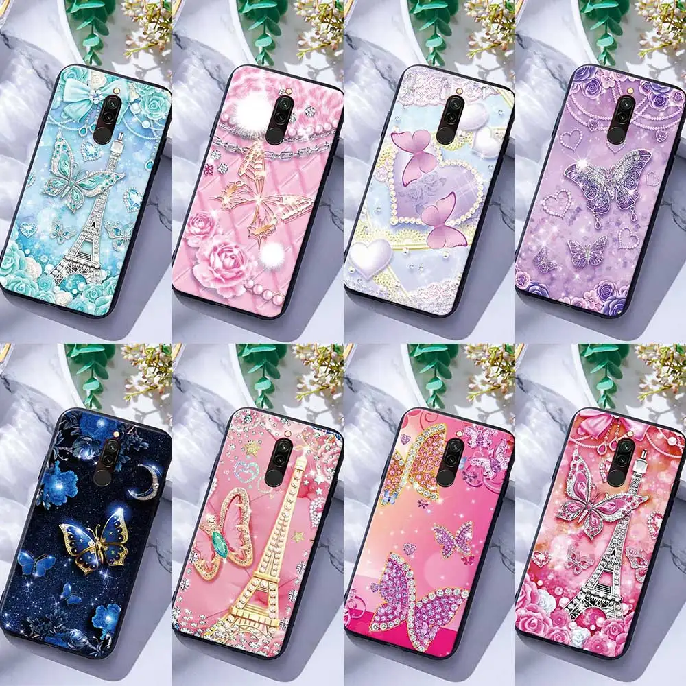 

For Xiaomi Redmi 8A 9A 9C 9T 10A 10C Note 8 9 10 11 Pro 9S 10S Silicone Phone Case Cover Diamond butterfly