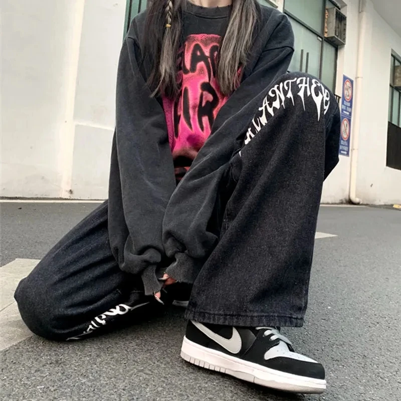High Steet Women's White Print Jeans Y2K Korea Men's Harajuku Casual Streetwear Clothes Baggy Jeans Trousers Male Wide Pants