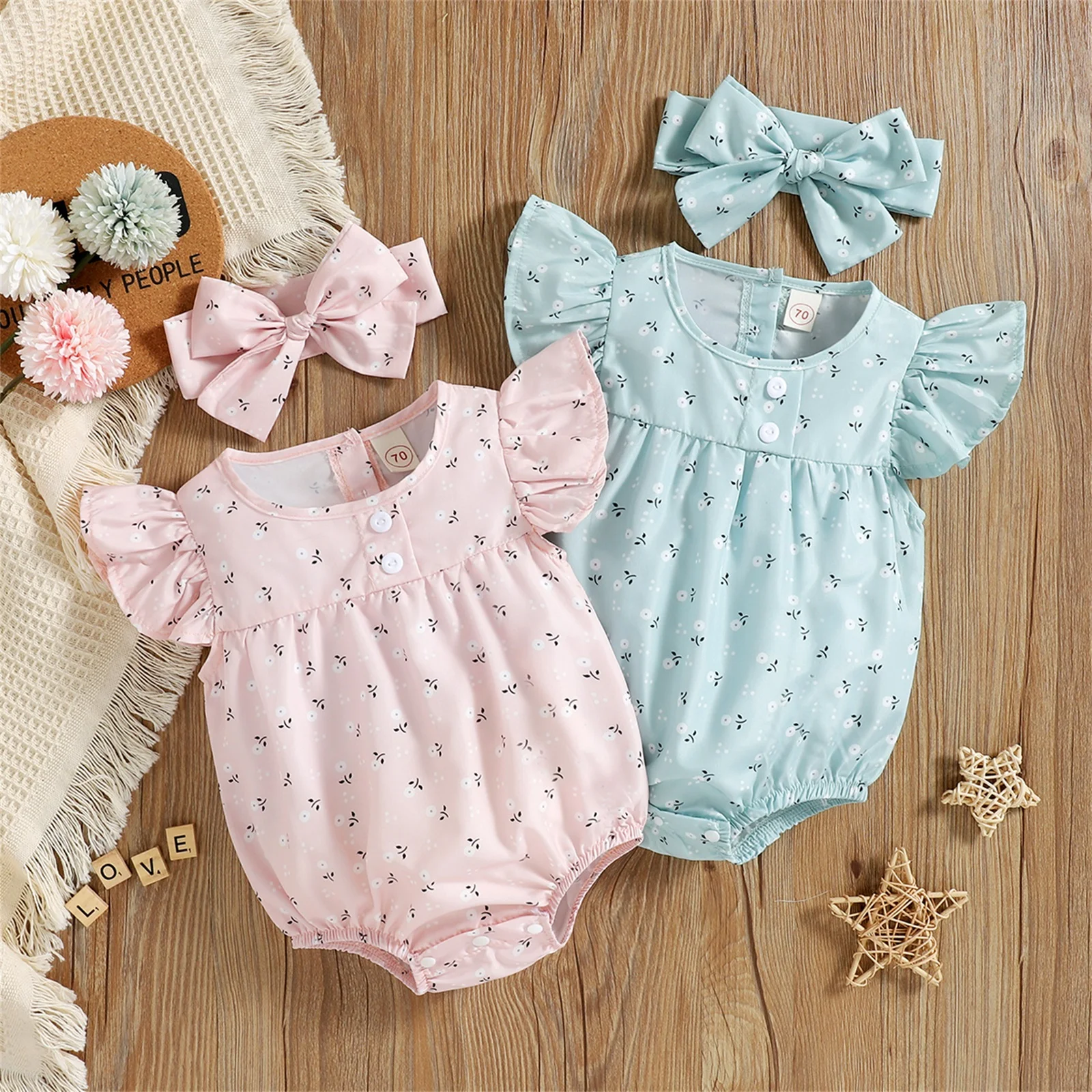 

Summer Newborn Girl Romper Headband Floral Print Fly Sleeve Body Suit+ Headwear Baby Clothing 0-18 Months