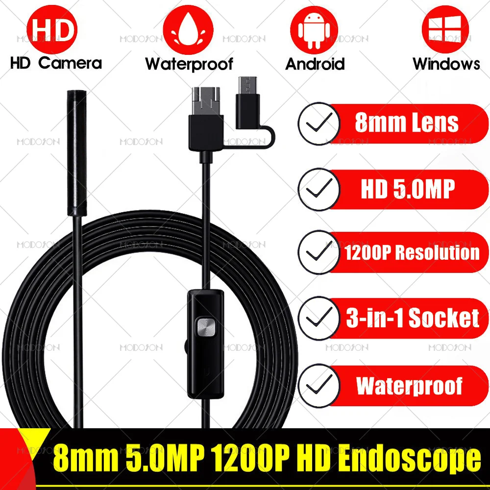 Эндоскоп с гибким кабелем 8 мм 5 млн. камер 1200P HD OTG Micro USB Type-C Водонепроницаемый