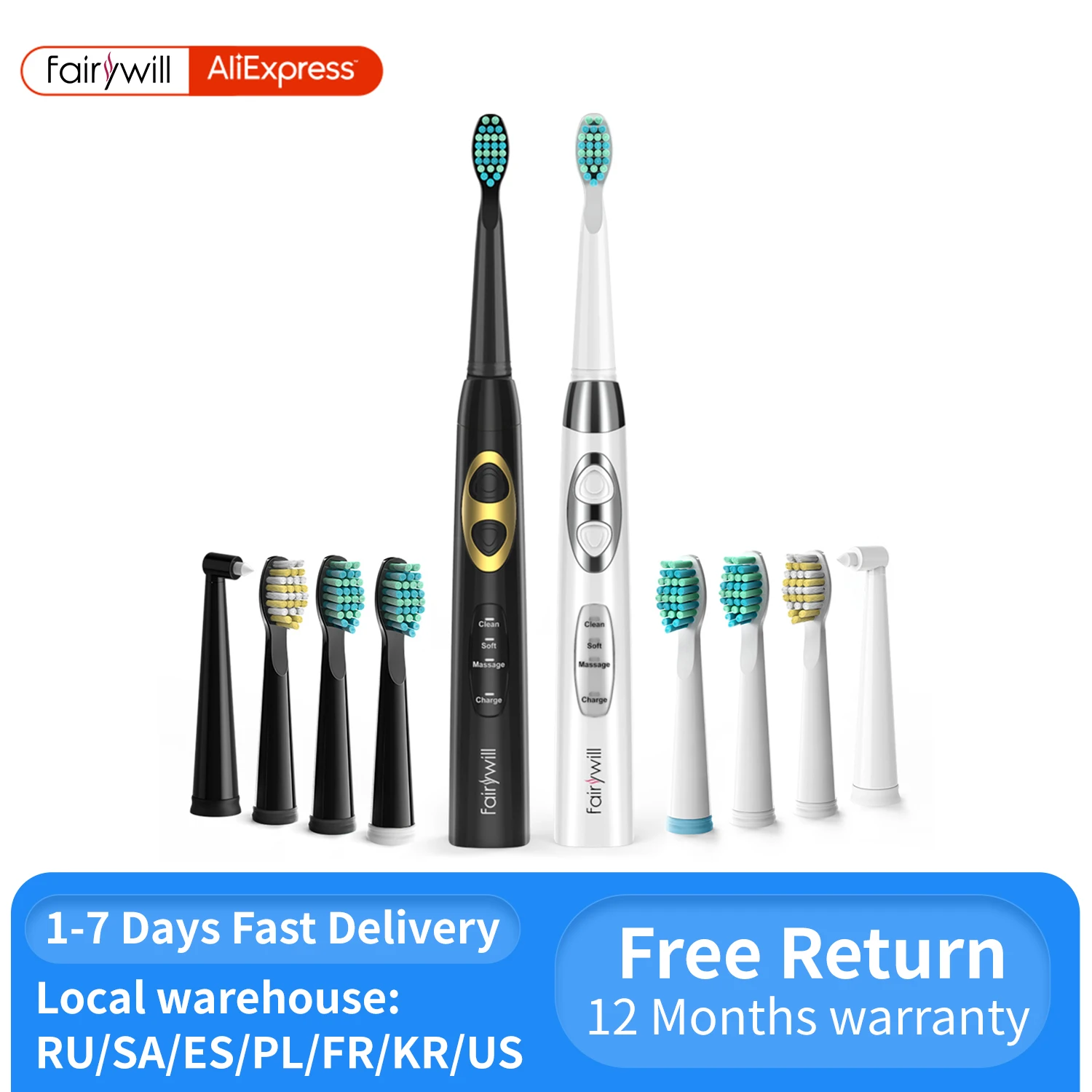 Fairywill Sonic Electric Toothbrushes Smart Timer Rechargeable for Adults Kids 3 Modes Whitening Toothbrush with 3 Brush Heads