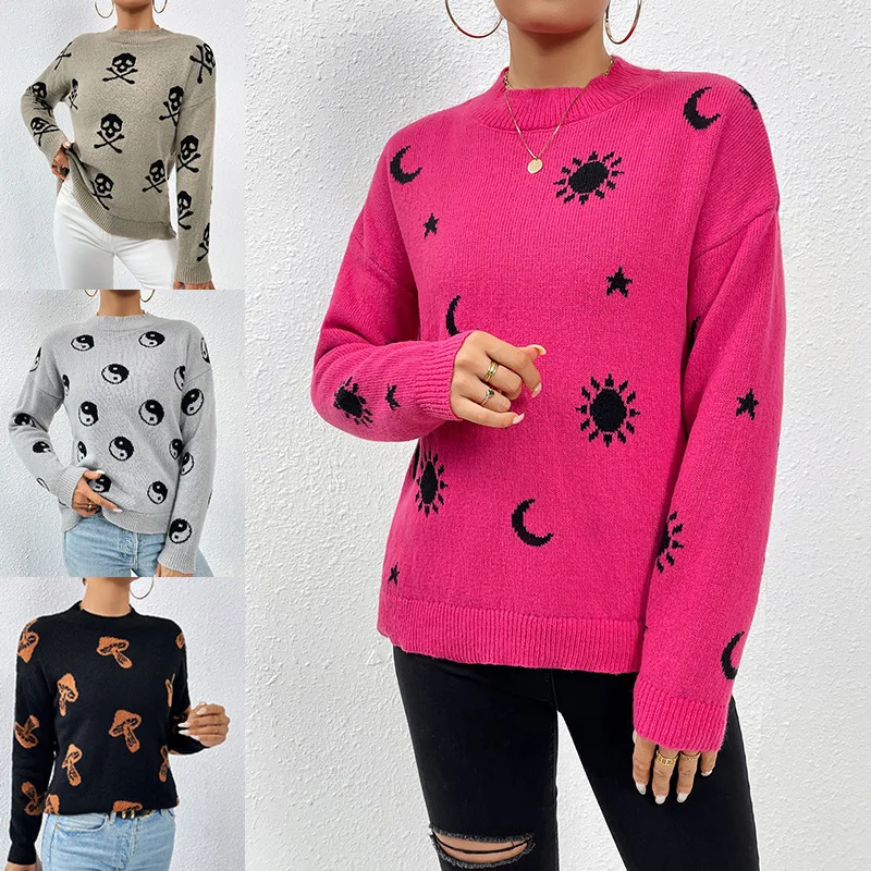 

Jacquard Round Neck Pullover Knitted Sweater Women's 2023 Autumn/Winter New Skull Halloween Sweater