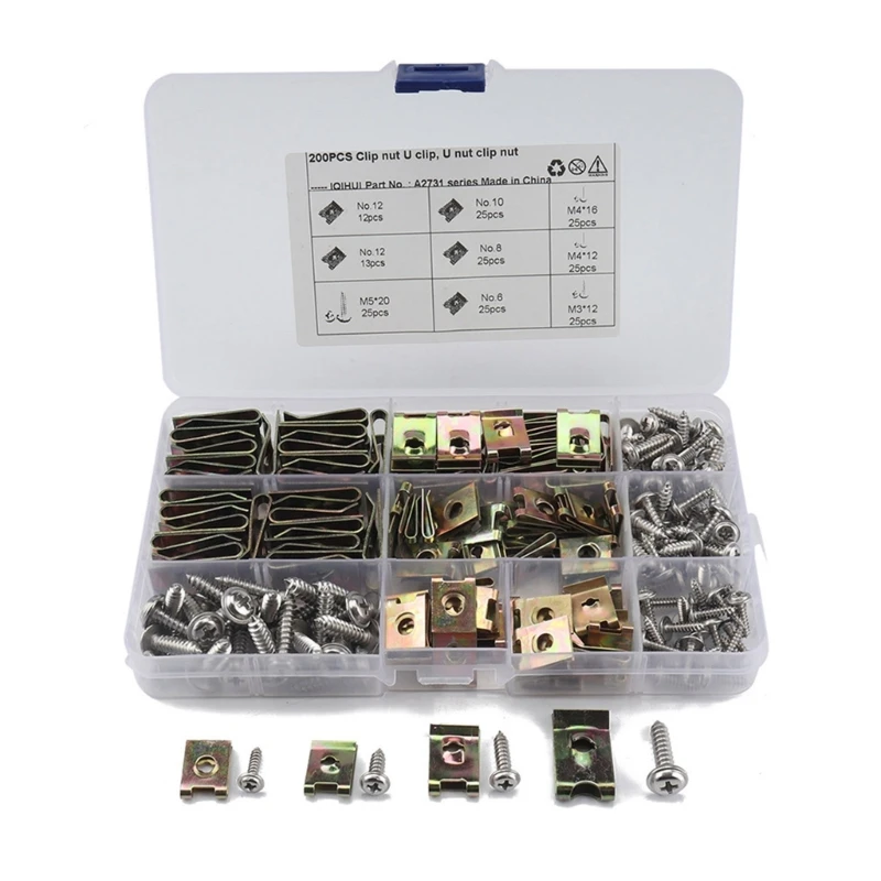 

200Pcs U Metal Nuts No.6 8 10 12 Clips with Fasteners Flange Self Tapping Screws Parts Assortment Kit