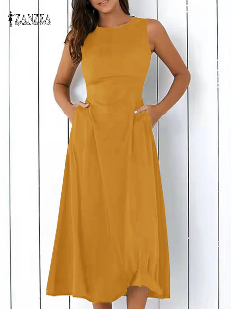 Платье ZANZEA женское летнее однотонное стильный Повседневный Элегантный