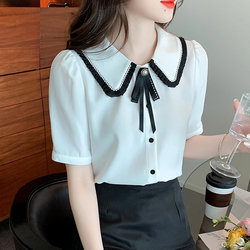 

Summer Sweet Blouse Women Preppy Style Ruffle Peter Pan Collar Bow Blusas Mujer Elegant Beading Chiffon Shirt Tops and Blouses