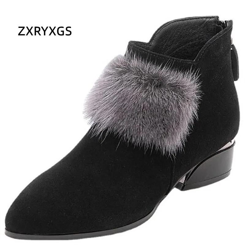 

ZXRYXGS высококачественные украшения из меха норки женские модные сапоги трендовая обувь 2023 Высокое качество Матовая воловья кожа зимние сапоги большой размер 43