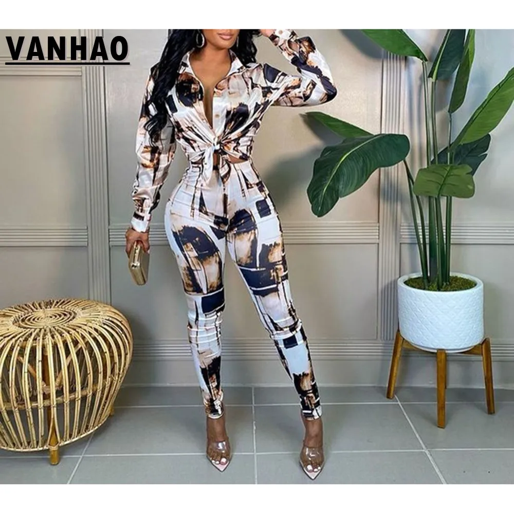 

VANHAO сексуальная модная одежда с принтом для женщин 2022 Весенняя рубашка с отворотом укороченный топ комплект из двух предметов брюки оптовая продажа Прямая поставка