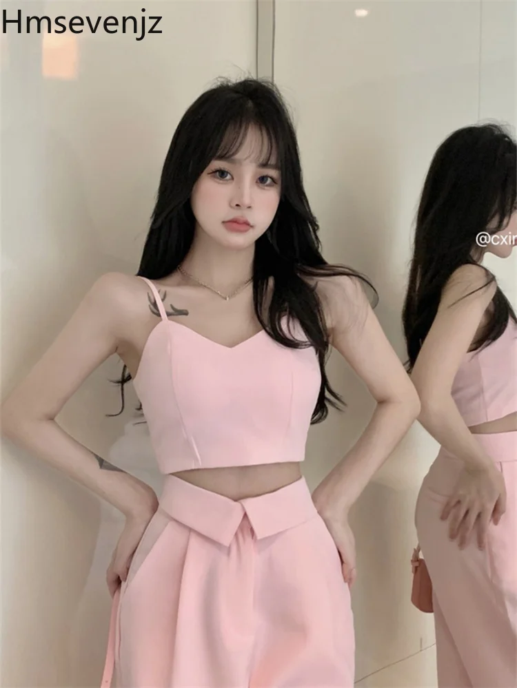 

Hmsevenjz Pink Pants Sets Women Camisole Vest Female Summer Pure Desire Sexy Hot Girl Y2k Crop Tops + Wide Leg Pants Suit Ladies