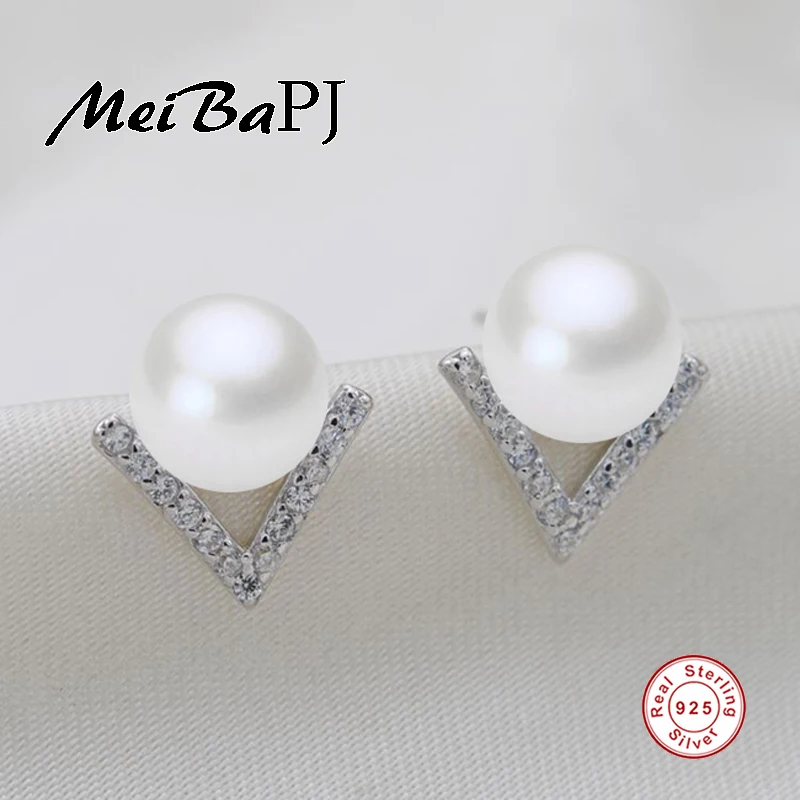 

[MeiBaPJ]AAA Zircon genuine freshwater pearl Triangle earrings 925 sterling silver stud earrings for women promotion item
